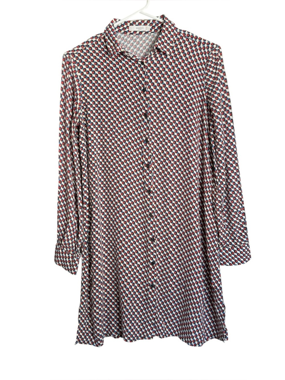Mango Long Sleeve Tunic Blouse Mini Shirt Dress Size XS Red Geometric Print